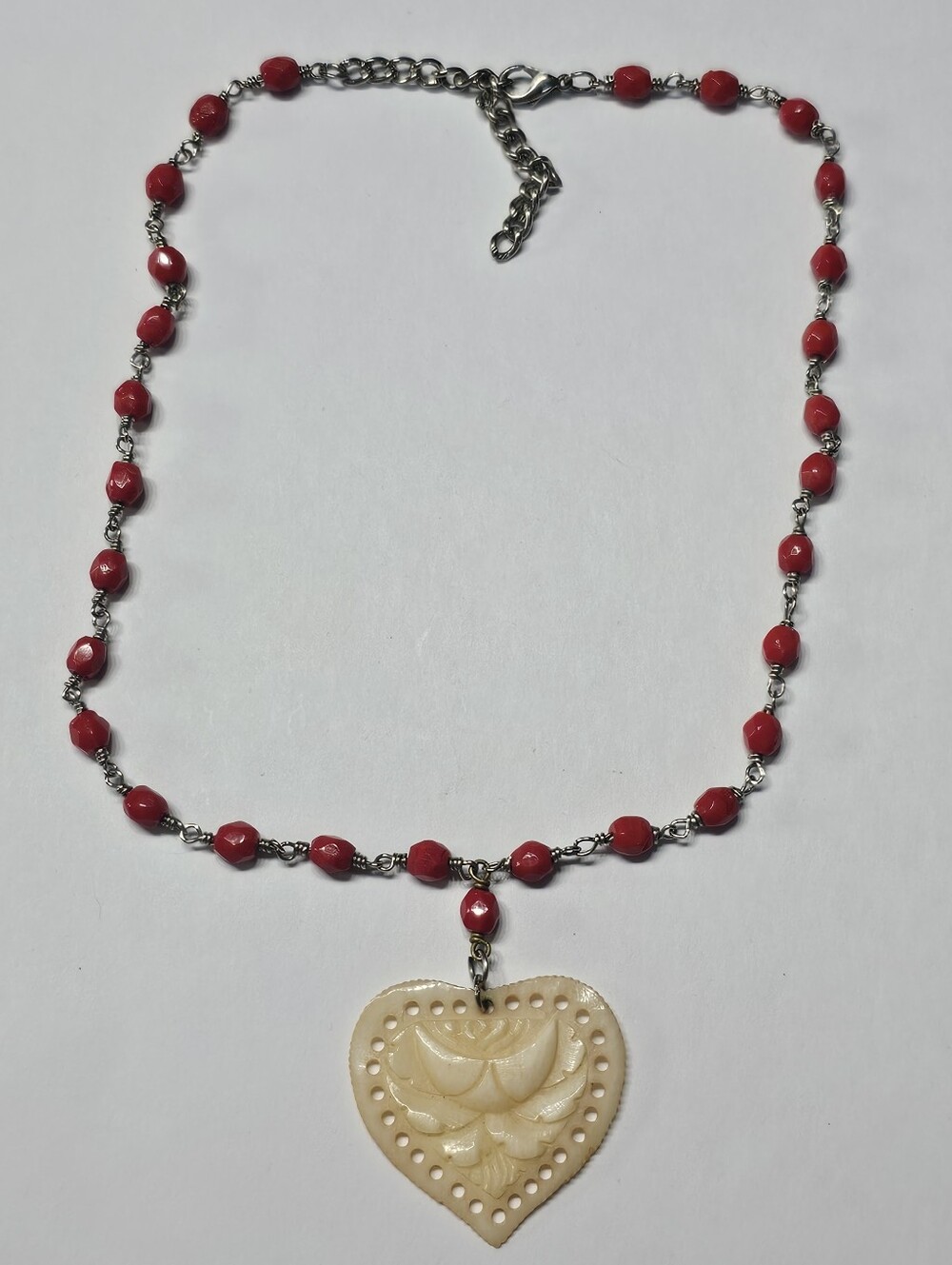 Coquette Cottagecore Carved Heart Flower Pendant Red Beaded Statement Necklace